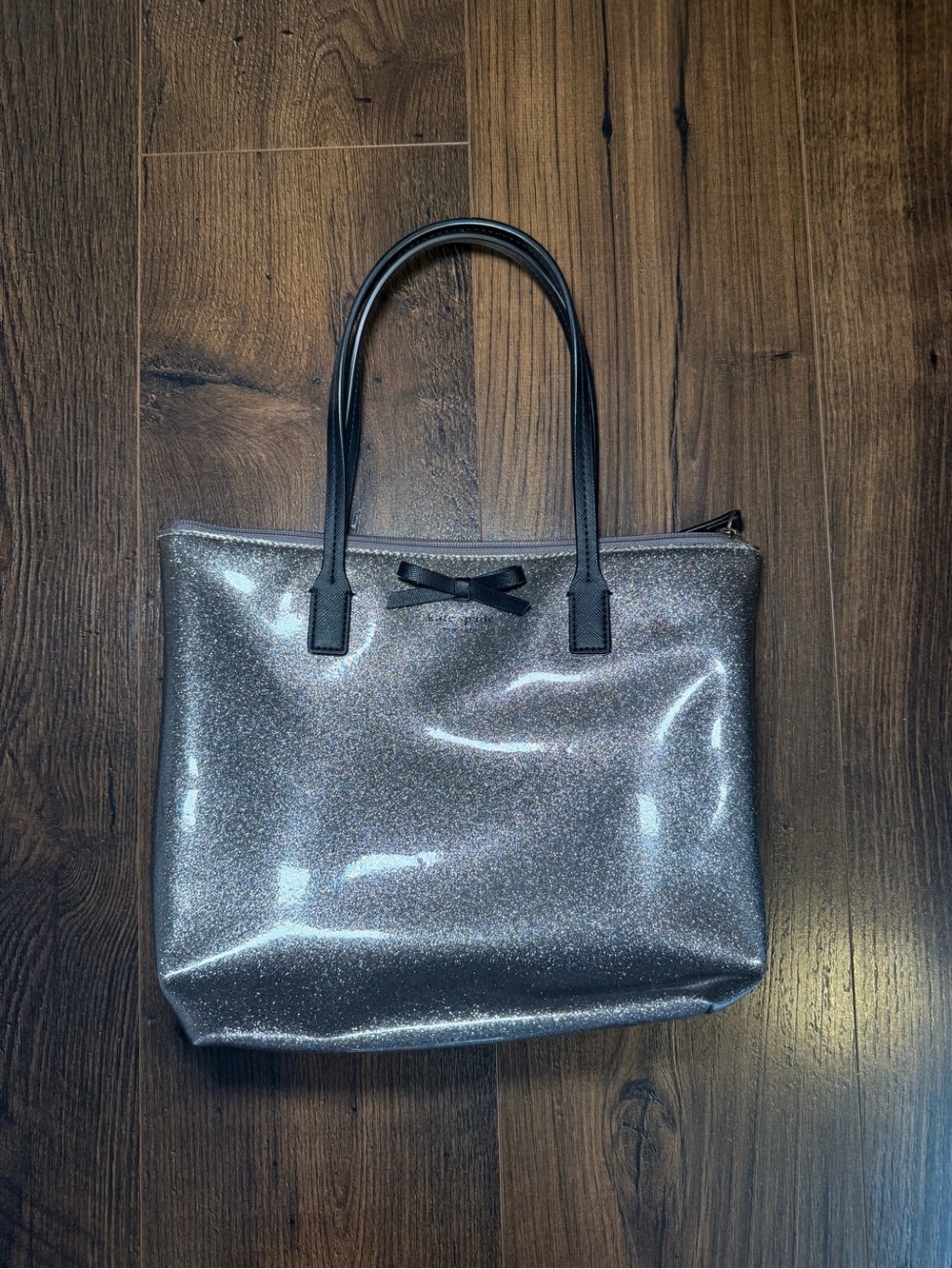kate spade Silver Glitter Shoulder Bag with Black Handles and Bow